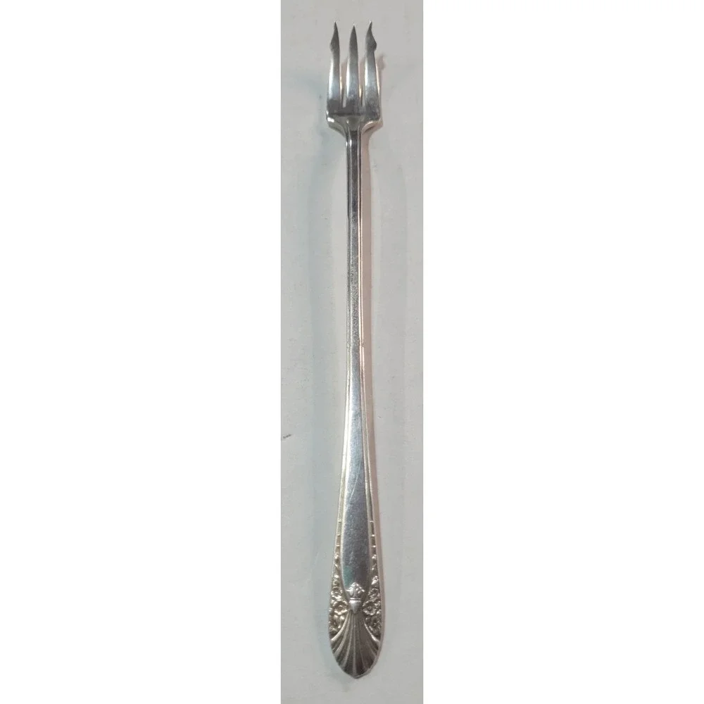 Crown Silverplate Cocktail Fork Vintage Seafood Oyster Shell Floral Handle 7.5in